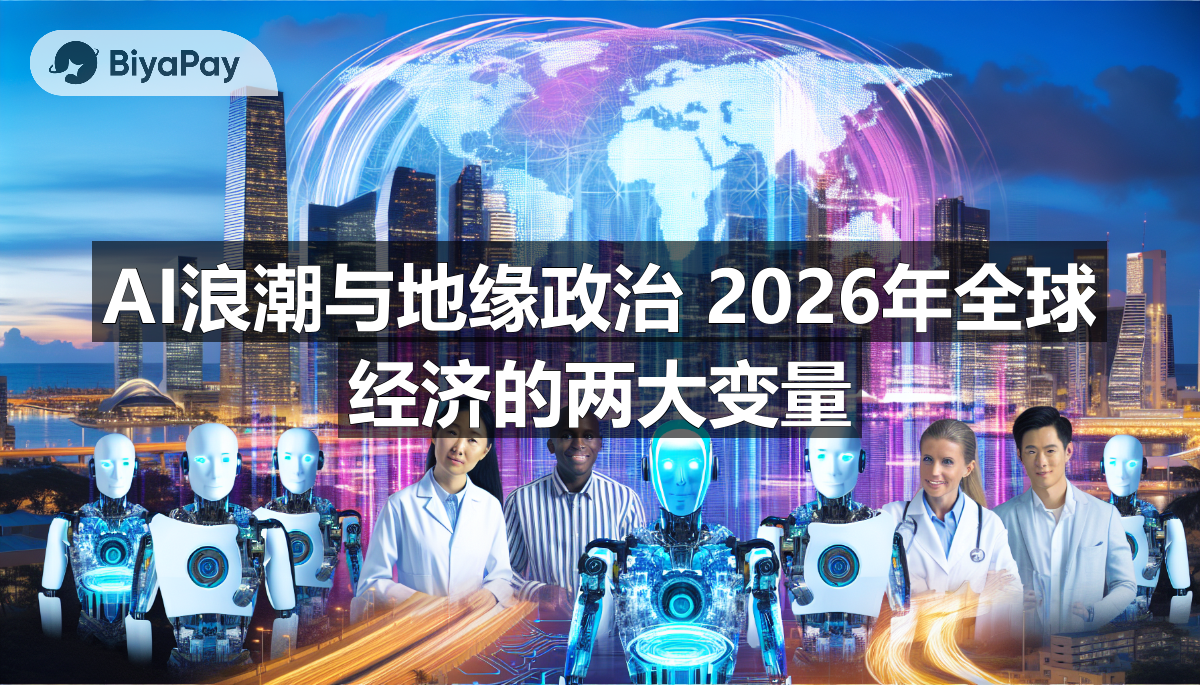一幅展示AI技术革命和地缘政治重塑全球经济的复杂博弈图景。AI提升效率，地缘政治增添不确定性。