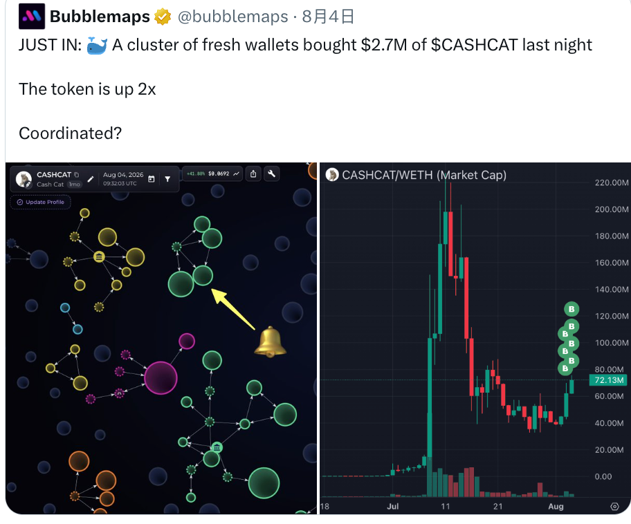 CASHCAT 上线 Robinhood 暴涨 150%,但两天前已有大批新钱包买入,谁在抢跑?