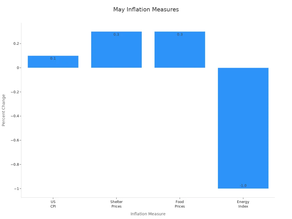 显示5月通货膨胀数据的柱状图:美国CPI、住房价格、食品价格和能源指数