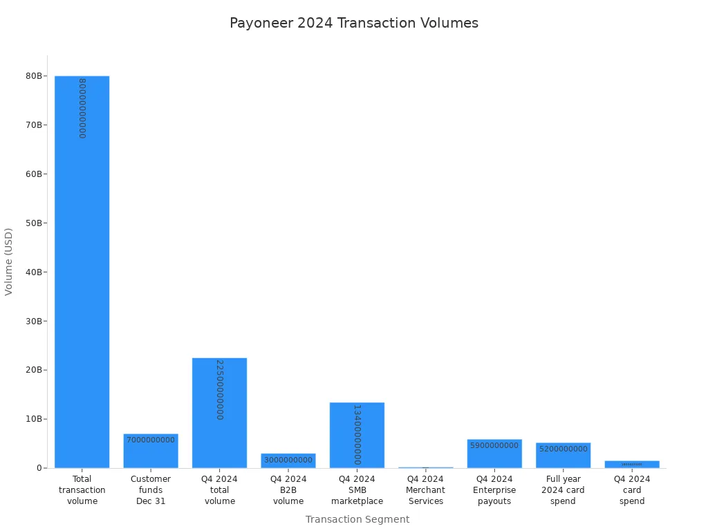 比较2024年Payoneer各细分市场交易量的柱状图