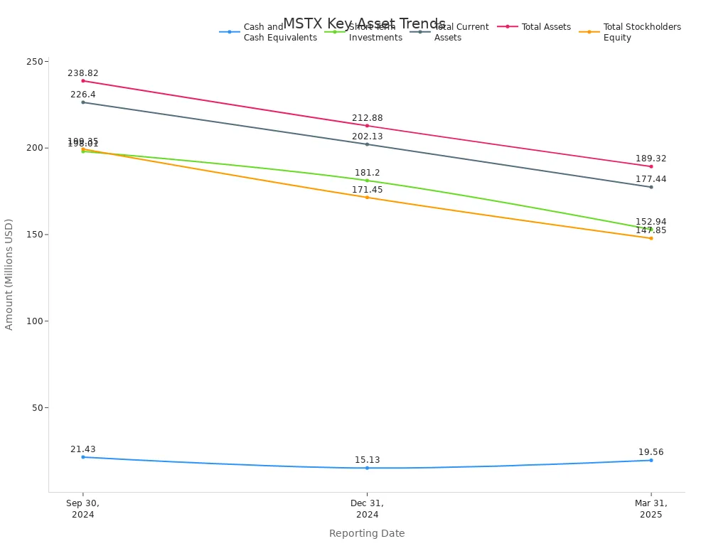 Line chart showing MSTX asset and equity trends over three reporting dates