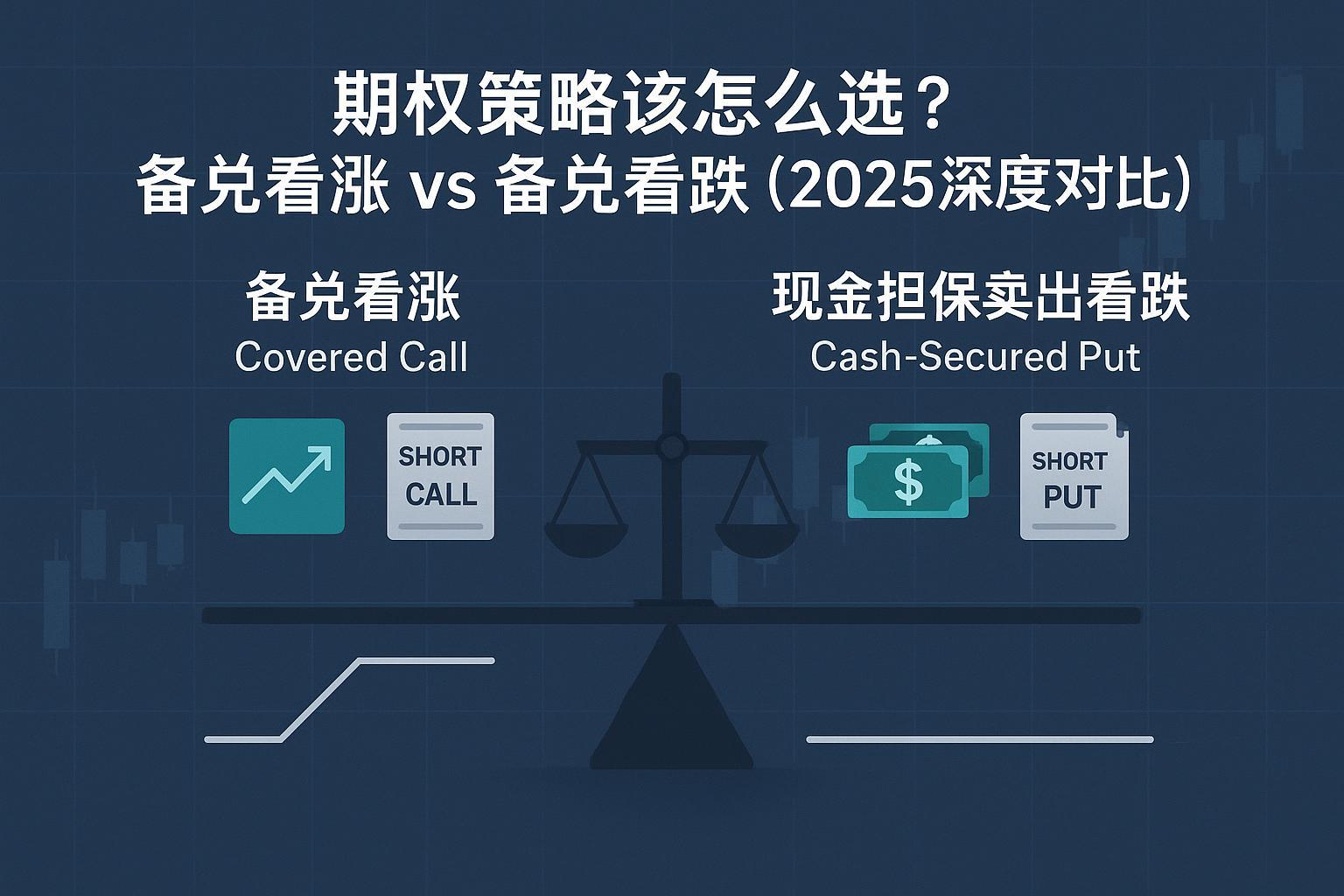 对比封面:备兑看涨与现金担保卖出看跌(2025)策略差异示意图,含持仓与权利金图标、收益线与天平。