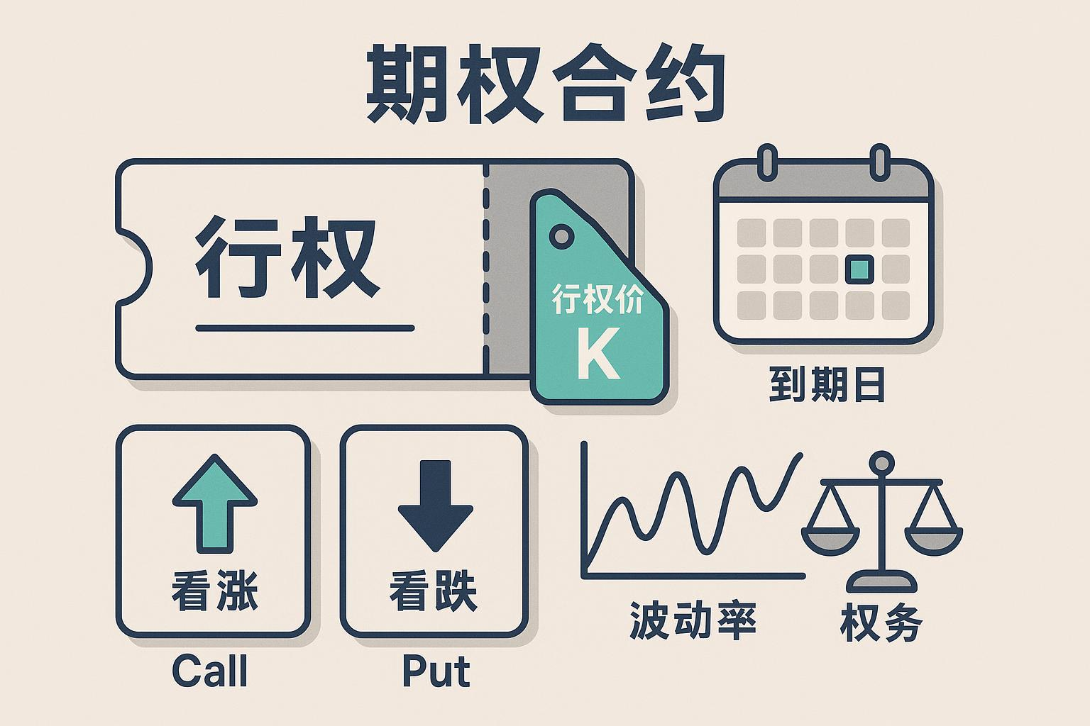 期权基础概念示意:权利与义务、行权价K、到期日与波动示意图