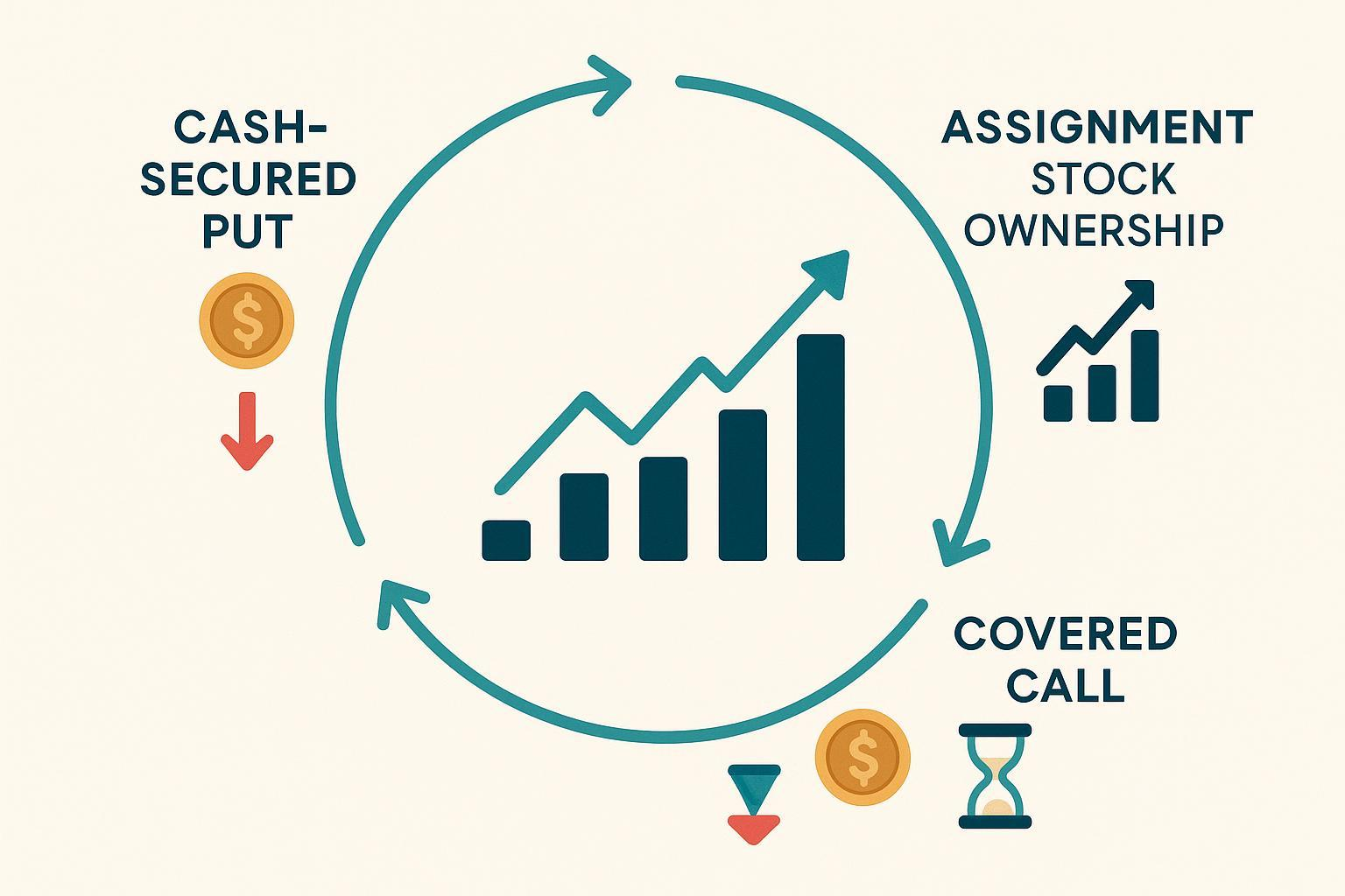 Abstract Infographic: The Three-Step Cycle of the Wheel Strategy (Cash-Secured Put → Assigned to Hold Stock → Covered Call) with Profit/Risk Icons