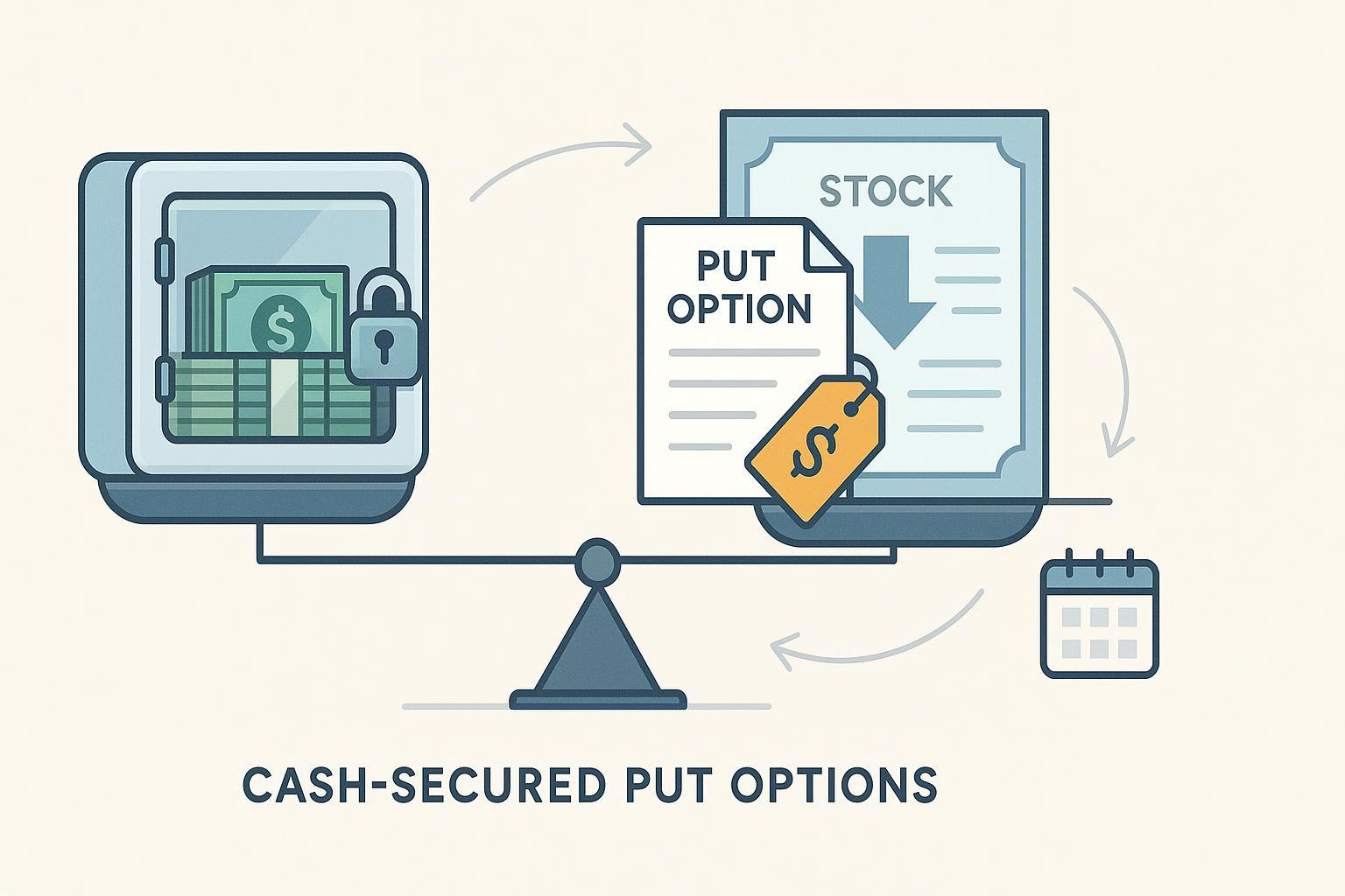 Cash-Secured Put: A visualization of reserving cash, selling puts, and trading time for price