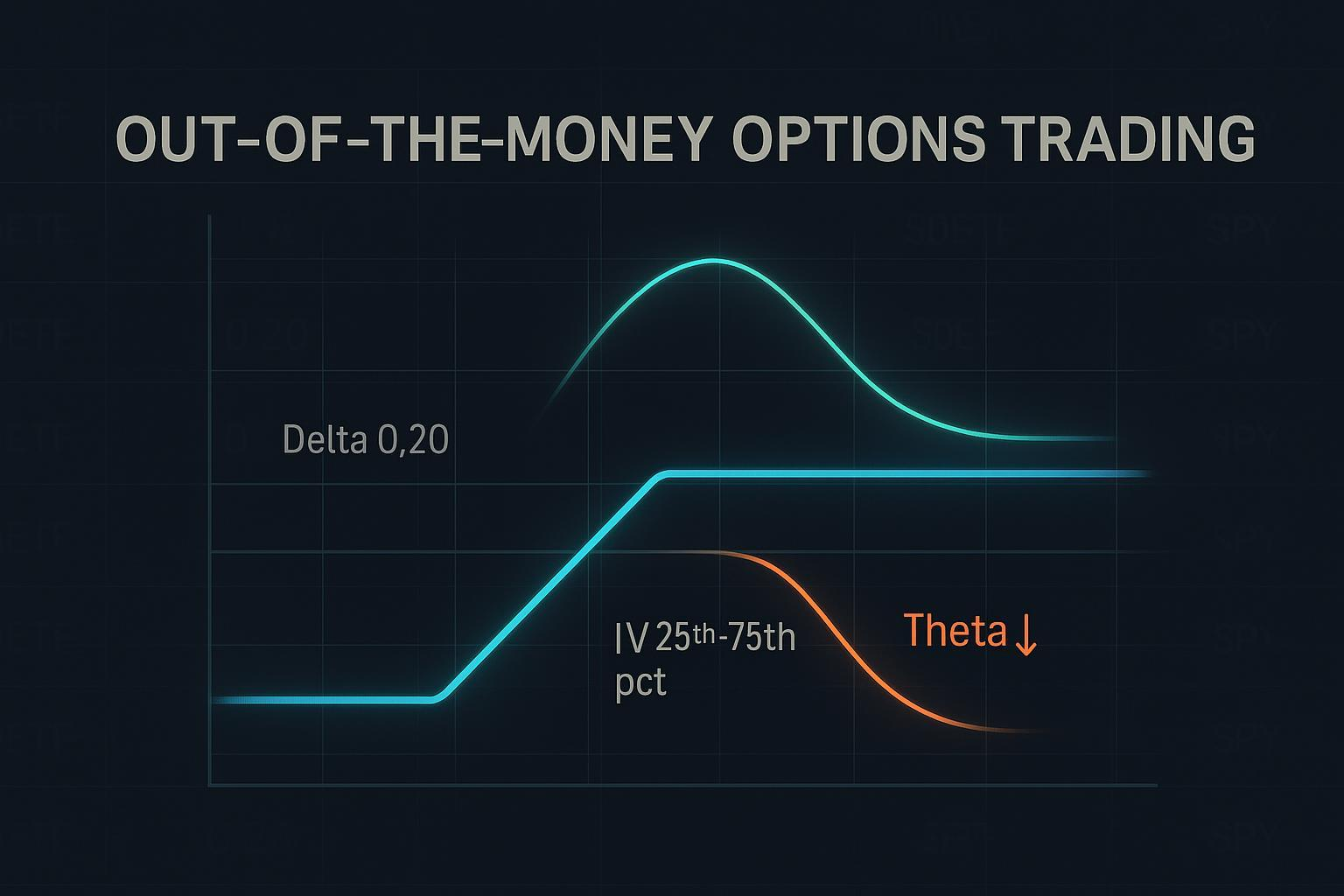 OTM Options Trading and High-Leverage Strategy Visualization: Payoff Curve for Slightly OTM Calls, IV Curve, and Theta Decay Illustration
