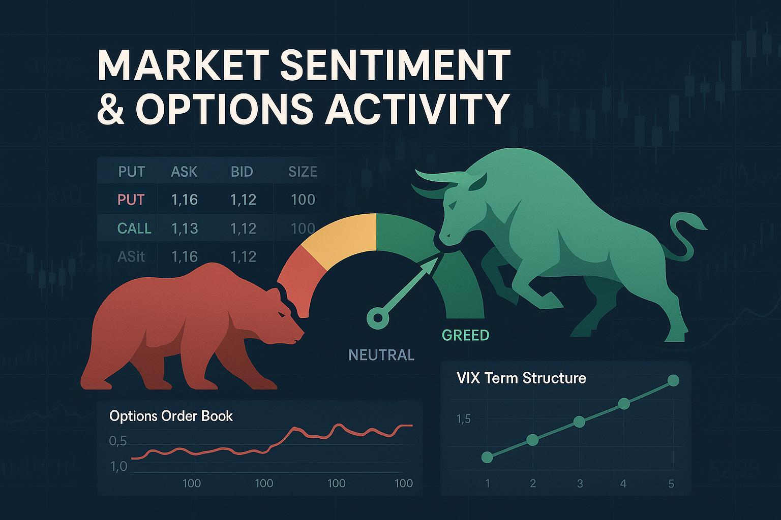 Professional cover for market sentiment and options activity: Put/Call Ratio, VIX term structure, and bullish/bearish imagery