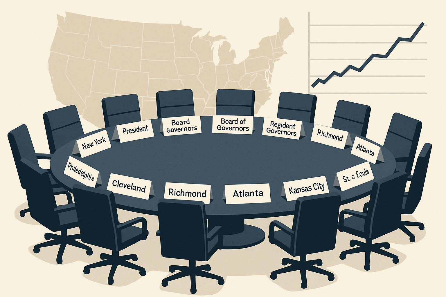 Illustration: FOMC meeting roundtable, 12 seats, and interest rate curve background (educational cover)