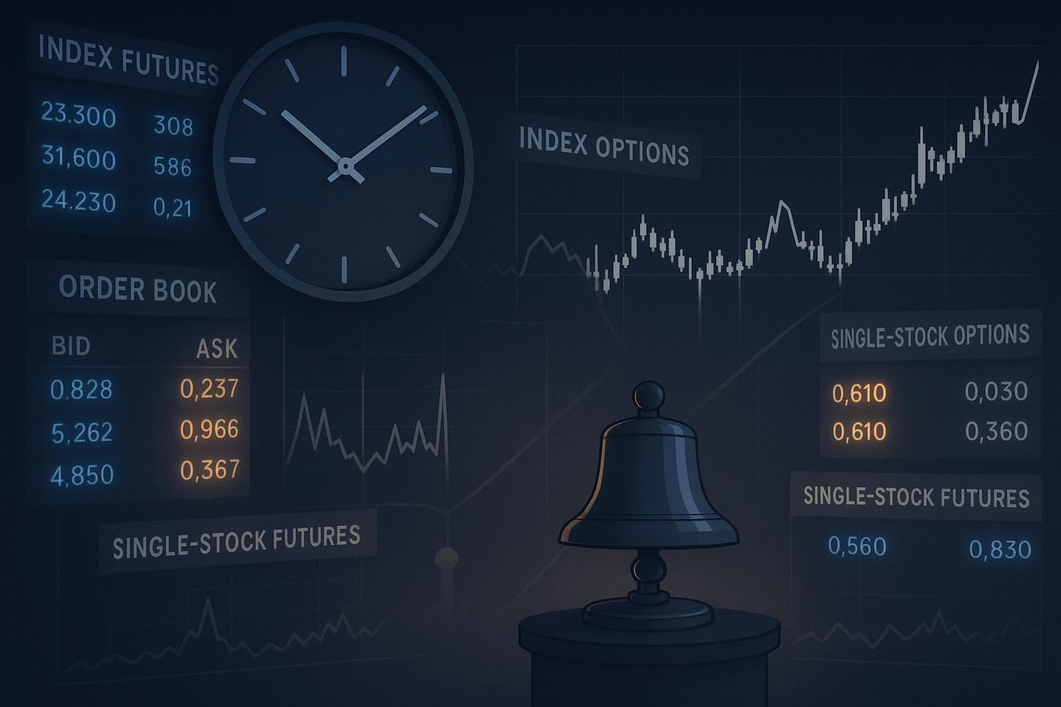 Illustration of a stock market scene with surging trading volume near the close, as four types of contracts converge in the closing auction