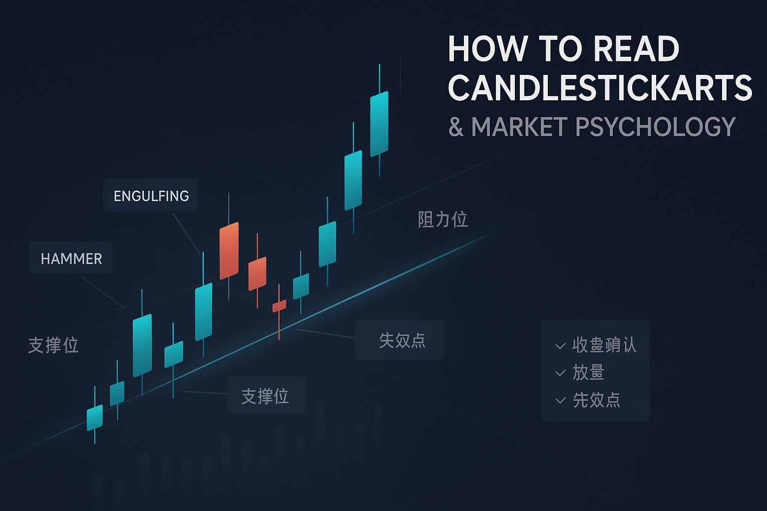 Candlestick Chart Reading and Market Psychology: Dark trading chart cover with hammer, engulfing, doji, and key level annotations