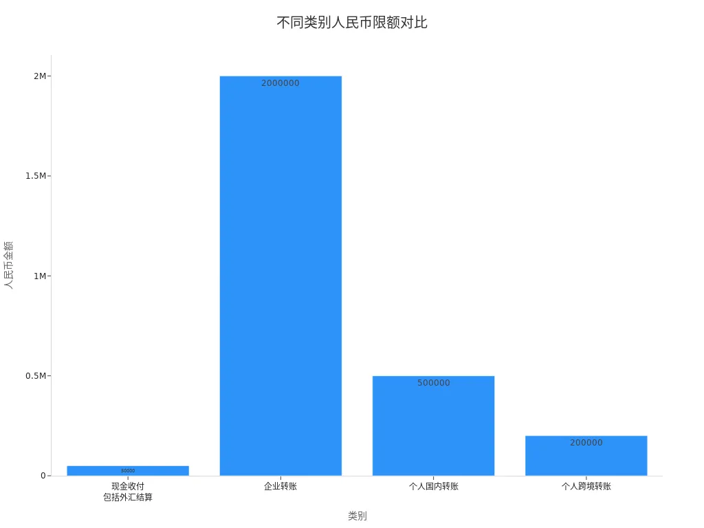 Bar chart showing RMB limits for cash receipts/payments, corporate transfers, personal domestic transfers, and personal cross-border transfers