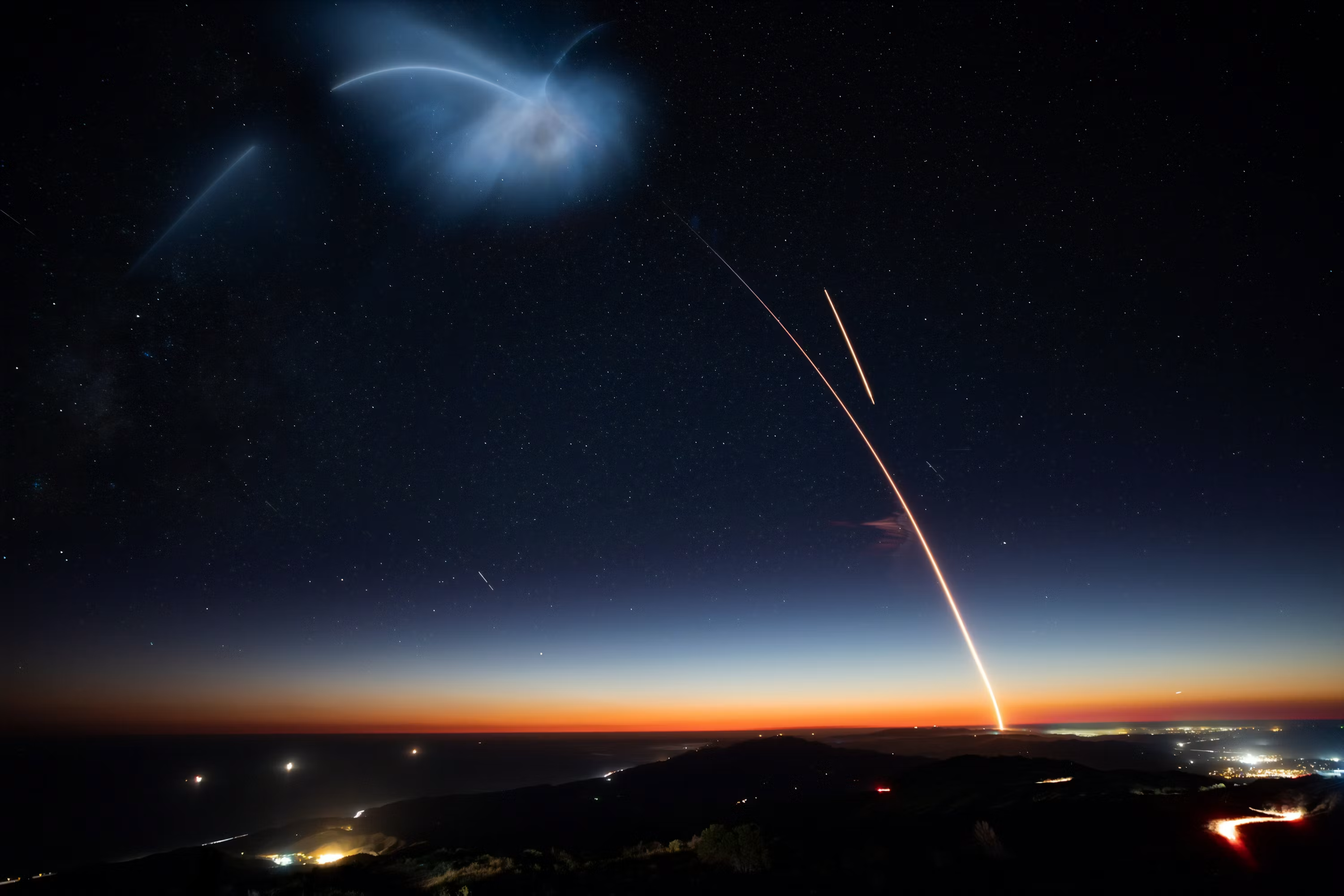 SpaceX rocket night launch trail, showing the engineering learning curve created by high-frequency launches