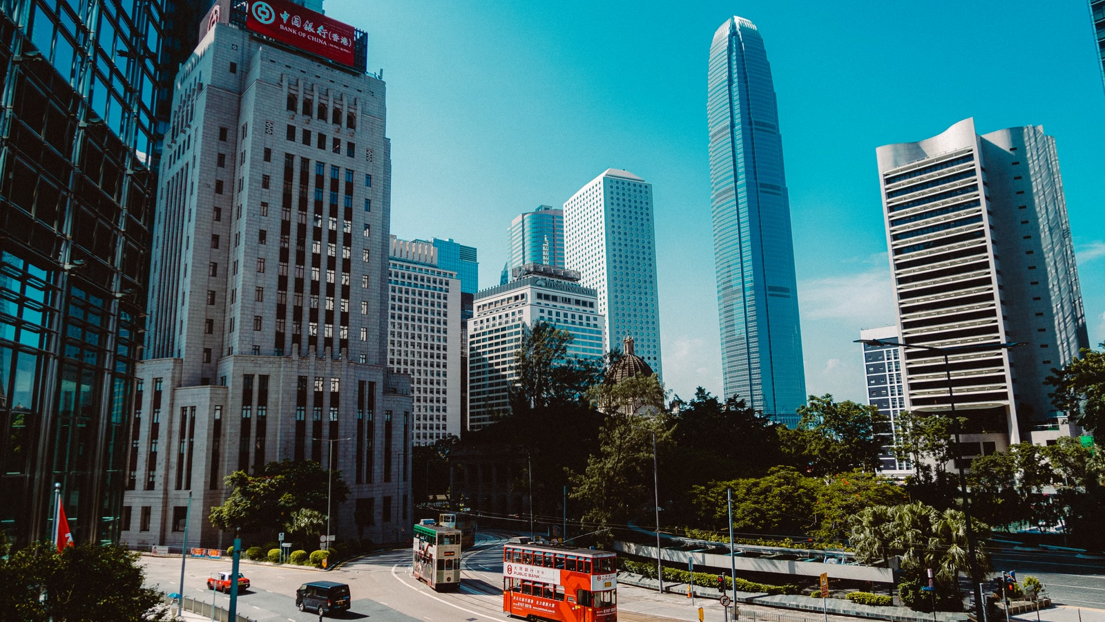 Hong Kong Central financial district and bank transfer scene