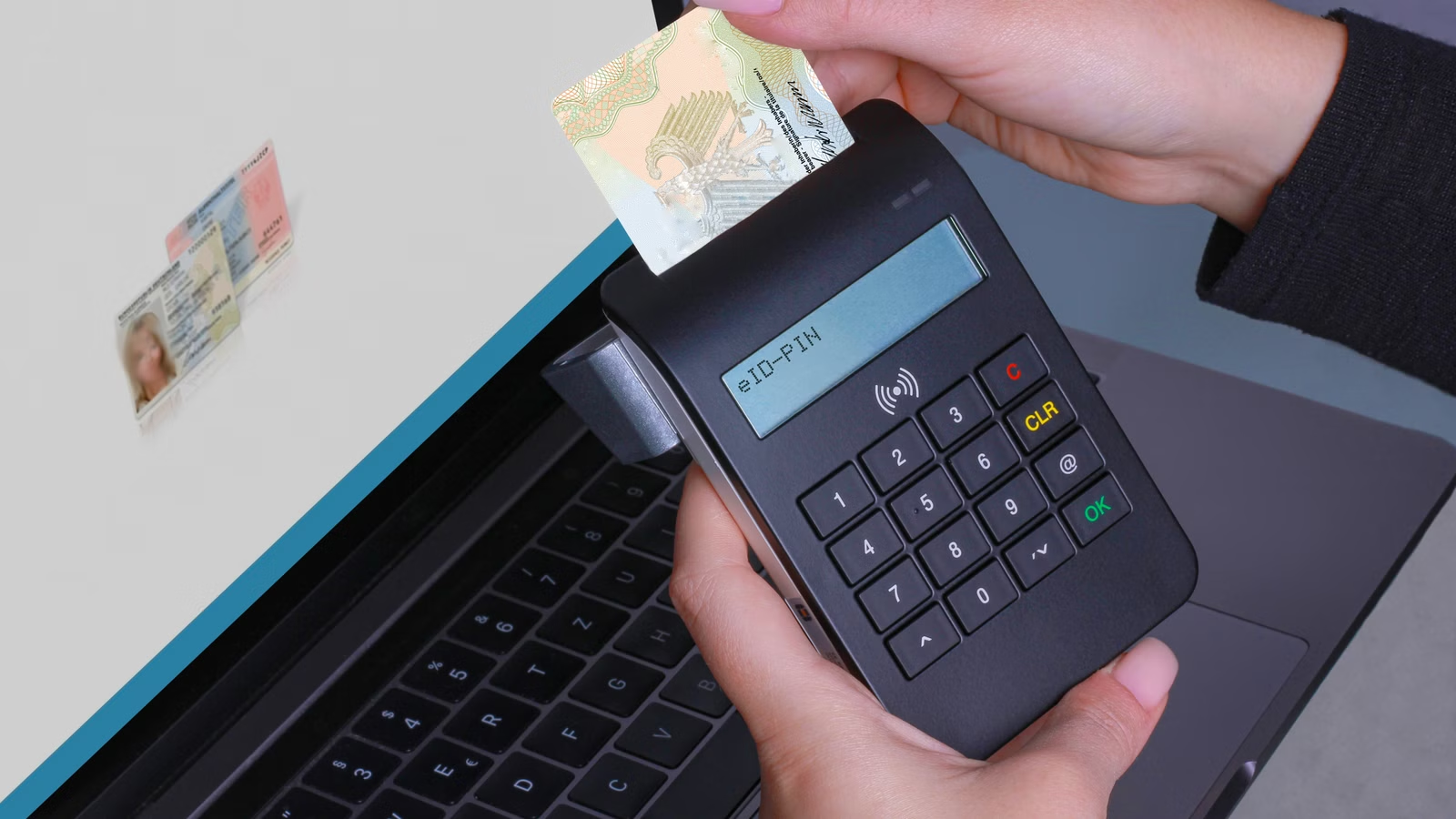 Identity verification device used with a laptop for secure online access