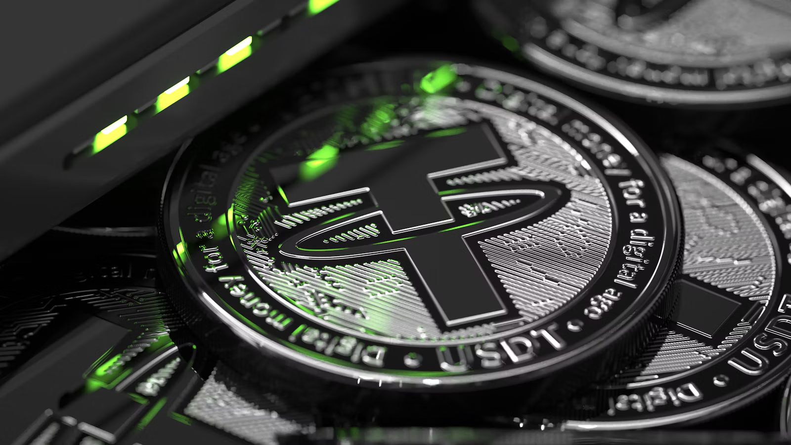 A 3D illustration of tokens bearing the Tether USDT logo