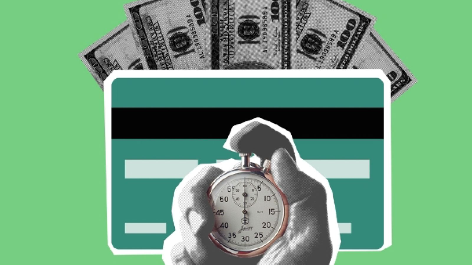 A stopwatch, banknotes, and a bank card illustrating the relationship between time and money